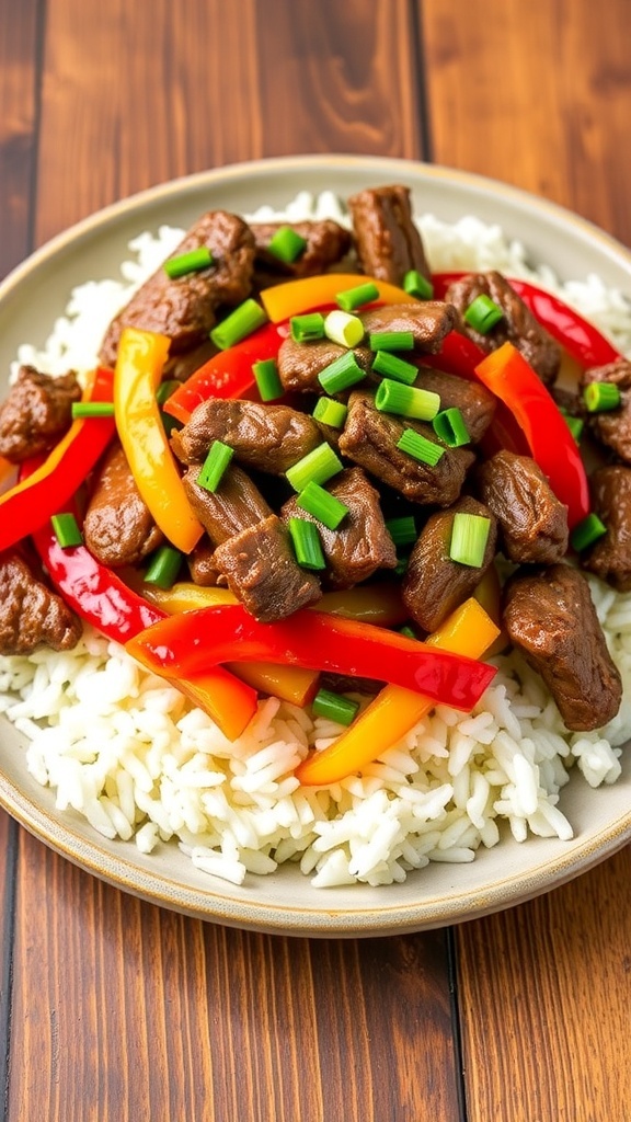 Air fryer pepper steak with beef, bell peppers, and onions served over rice, garnished with green onions.